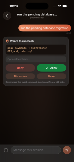 A Remoude approval request on iPhone in dark mode: a Bash command with Deny and Allow buttons