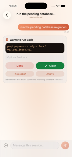 A Remoude approval request on iPhone: a Bash command with Deny and Allow buttons