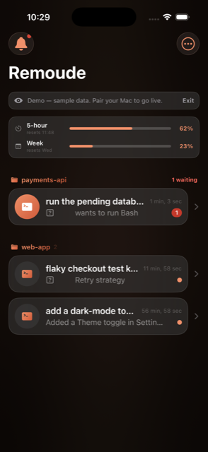 Remoude conversation list in dark mode with usage limits and a waiting approval